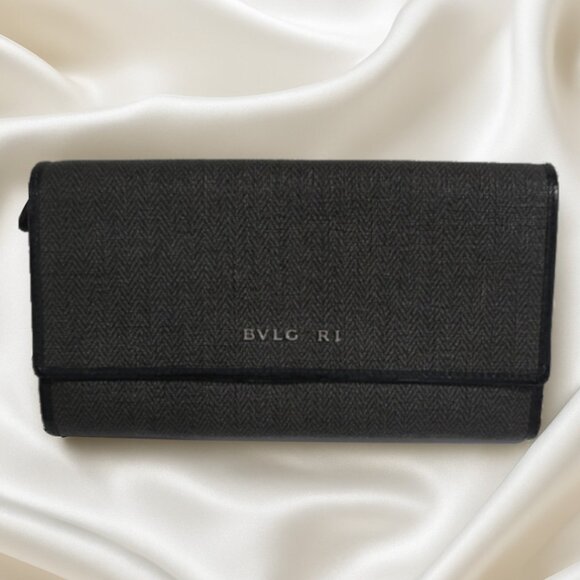 BVLGARILeather Bifold Long Women’s Luxury Wallet Clutch – Black & Grey 7.5